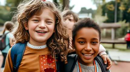 Fototapeta premium Group of children standing next to each other in front of tree.