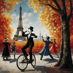 a violin while riding a unicycle. Dressed in classic black and white, his red nose adds a dash of color.