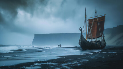 Obraz premium A Viking boat on the coast of the Nordic countries. black sand, overcast sky. the history of the Nordic peoples.