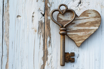 Heart and key on white wooden background	