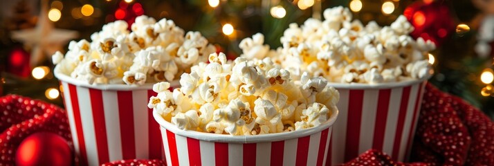 Lively red and white striped popcorn bucket brimming with scrumptious popcorn delights