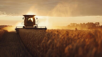A combine truck driving through a wheat field during the harvest season, collecting mature crops.