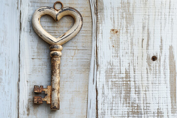 Heart and key on white wooden background	