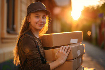Portrait of young happy girl courier with packages for a dPortrait of young happy girl courier with packages for a deliveryelivery