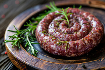 raw beef sausage in a frying pan with garlic	