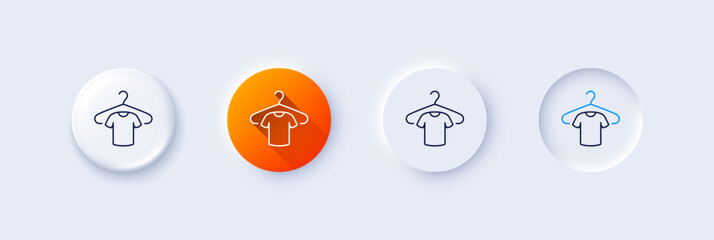 T-shirt line icon. Neumorphic, Orange gradient, 3d pin buttons. Tee shirt with hanger sign. Fabric sport wear symbol. Line icons. Neumorphic buttons with outline signs. Vector