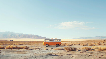 A vintage orange van is parked in a desert