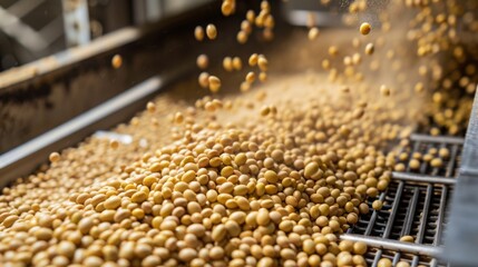 Soybeans being sorted and processed in a modern industrial facility, with beans cascading down a conveyor belt.