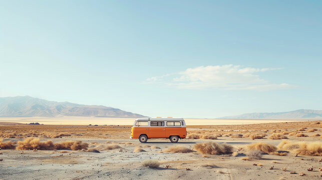 A vintage orange van is parked in a desert