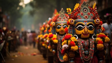 Fototapeta premium Ratha-yatra festival of Lord Jagannatha, Balabhadra and Subhadra during the annual Rathayatra in Odisha in the background