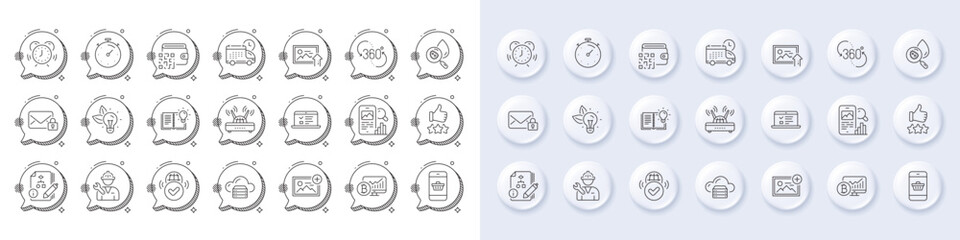 Timer, Repairman and Product knowledge line icons. White pin 3d buttons, chat bubbles icons. Pack of Qr code, Verified internet, Water analysis icon. Vector