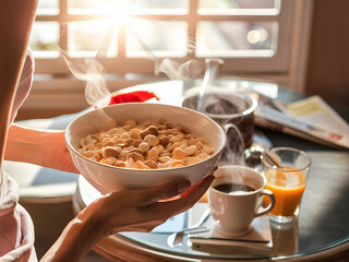 Chica sostiene tazón con cereales, desayuno completo con café y jugo de naranja
