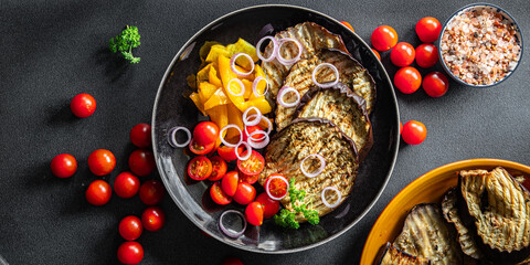 vegetable grill eggplant, pepper, tomato fresh cooking grilled meal food snack on the table copy space food background