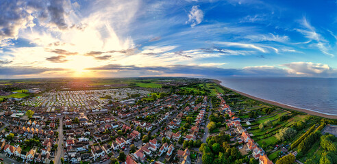 Sunset Aerial Panoramic View of the UK Seaside Skegness, a busy tourist town with something for...