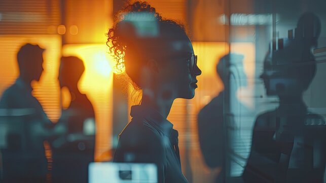 Innovation in business brainstorming reveals hidden synergies, wide-angle shot with a diverse group of professionals in a modern office, Silhouette, superimposed scene, little minimal style.