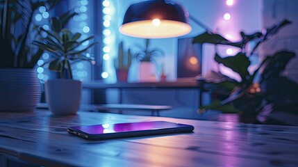 Mobile messaging for seamless communication, keeping you connected with clients around the clock, in a minimalistic tech workspace with clean lines and soft lighting, little minimal style.