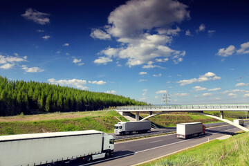 Large Transportation Truck on a highway road through the countryside