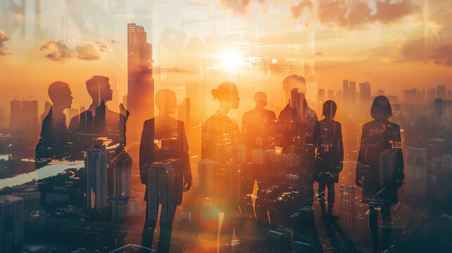 Diverse professionals in the bustle of the city, embodying corporate life, teamwork and bustling diversity.