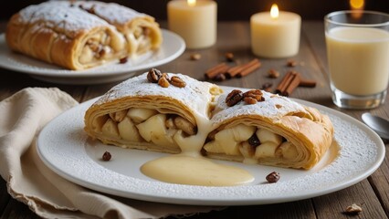 Austrian apple strudel with flaky pastry filled with spiced apples and raisins, drizzled with vanilla sauce, served alongside coffee and lit candles for a cozy ambiance.