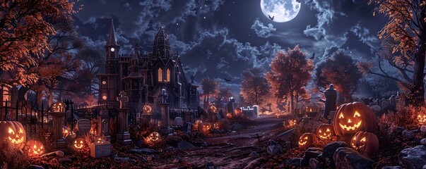 Create a wide-angle view featuring eerie Halloween decorations in a moonlit graveyard