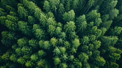 Aerial view of a dense green forest from above.
