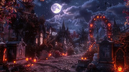 Fototapeta premium Design a captivating worms-eye view of a spooky graveyard with elaborate Halloween decorations, set against a moonlit sky, evoking a sense of mystery and intrigue