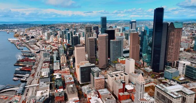 Group of skyscrapers in the downtown of Seattle, Washington, the USA. Aerial perspective on the vast cityscape at daytime.