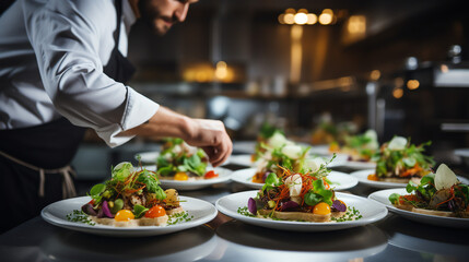 A chef is shown in a kitchen carefully adding finishing touches to several plates of food.