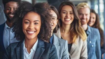 Obraz premium group of diverse young professionals standing in a row, smiling confidently. This image represents teamwork, diversity, and the future of the professional world. Perfect for campaigns on diversity