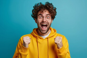 Thrilled Young Man in Yellow Hoodie Celebrating Victory Against Blue Background