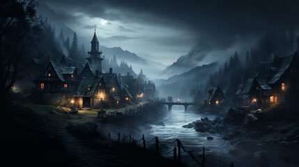 A dark fantasy village with a river running through it and a large tower in the background.