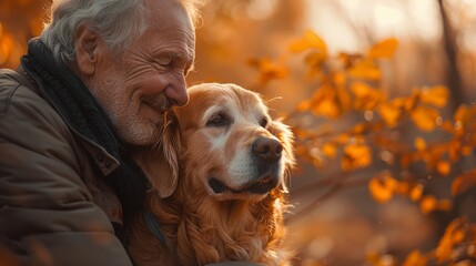 Man Enjoying Autumn Day with Loyal Labrador Retriever Generative AI