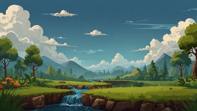 2D game level background asset with grassy platforms and sky backdrop. 2d style