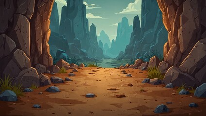 2D level background with dirt paths and rocky obstacles for game design. 2d style