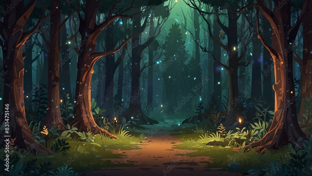 Wall mural abstract 2d enchanted forest clearing background for fantasy or rpg game. forest clearing cartoon st