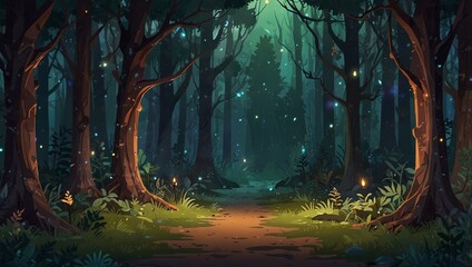 Abstract 2D enchanted forest clearing background for fantasy or RPG game. Forest clearing cartoon style with magical lights and trees. 2d style
