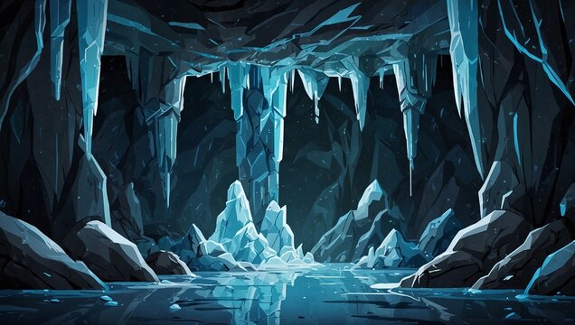 Abstract 2D icy cave background for winter or survival game. Icy cave cartoon style with icicles and frosty rocks. 2d style