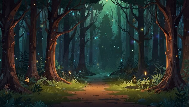 Abstract 2D enchanted forest clearing background for fantasy or RPG game. Forest clearing cartoon style with magical lights and trees. 2d style