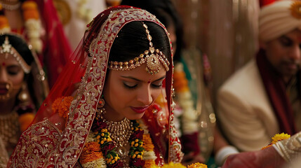 Stunning Indian bride adorned in a traditional red bridal lehenga gracefully wears heavy gold jewelry.