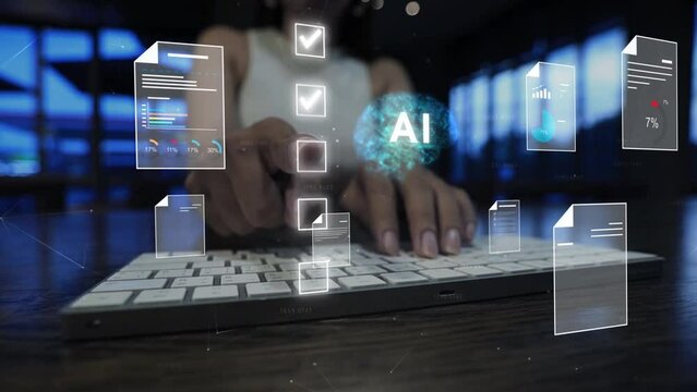 Business woman uses AI brain, artificial intelligence to manage documents, marketing, revenue, check customer satisfaction, file data, technology, analysis, management, inspection, checklist, business
