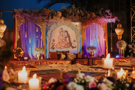 Pakistani weeding Mehndi stage, intimate ceremony,  with twilight, Color Scheme: soft desert pastels with vibrant textile.