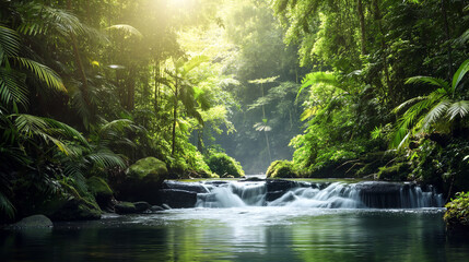 Obraz premium A stream of water flows through a lush green forest