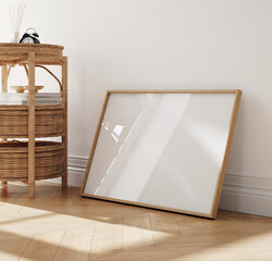 Mock up frame in home interior background, white room with natural wooden table and decor, 3d render © artjafara