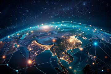 Obraz premium Global Connectivity: A High-Resolution Digital Artwork Depicting a Nighttime View of Earth from Space with Illuminated Cities and Network Connections