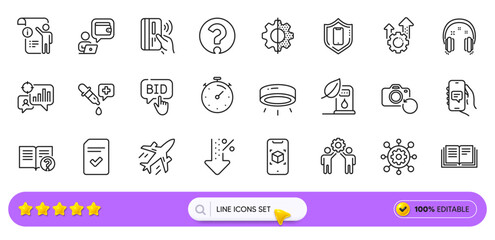 Headphones, Education and Manual doc line icons for web app. Pack of Question mark, Led lamp, Recovery photo pictogram icons. Seo gear, Augmented reality, Checked file signs. Search bar. Vector
