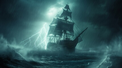 pirate ship sailing through stormy seas, with lightning flashing in the background