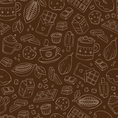 cocoa and chocolate doodles seamless pattern on brown background. good for wallpapers, textile prints, scrapbooking, wrapping paper, etc. EPS 10