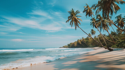 Fototapeta premium A beautiful beach with palm trees and a clear blue sky