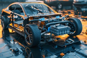 Fototapeta premium Futuristic electric car concept with exposed chassis and powertrain in a workshop setting