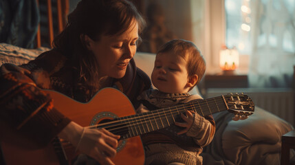 Single mother with down syndrome child at home, playing guitar.